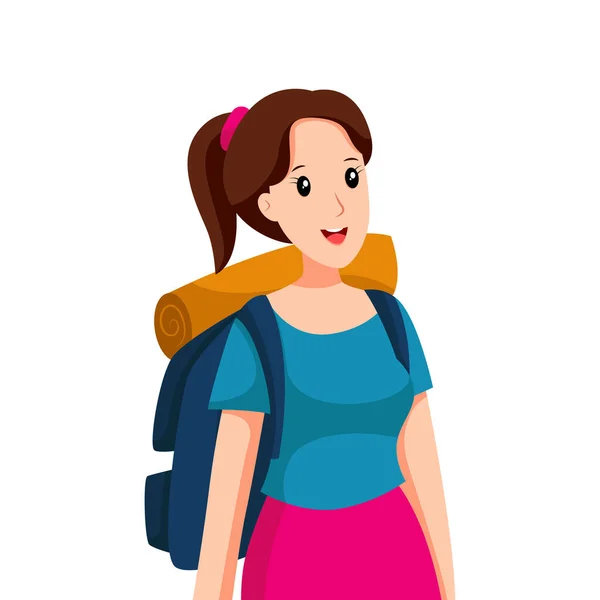 Młoda Kobieta Podróżująca Plecakiem Charakter Design Illustration — Wektor stockowy