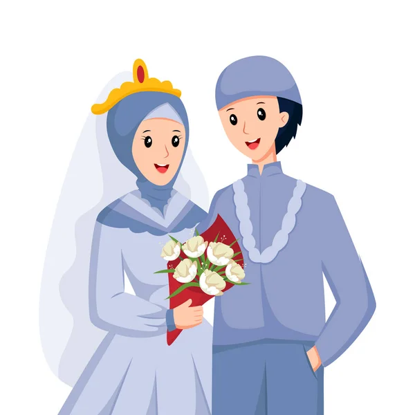 Весільна Пара Букетом Квітковий Персонаж Дизайн Ілюстрація — стоковий вектор