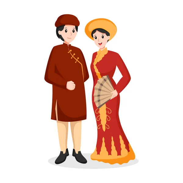 Vietnam Tradizionale Matrimonio Personaggio Design Illustrazione — Vettoriale Stock