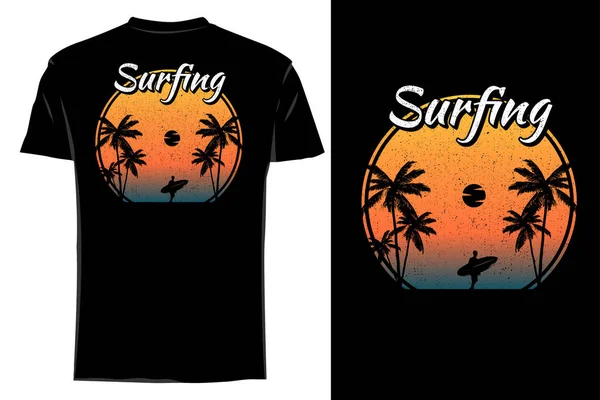 Estate Surf Silhouette Shirt Mockup Retrò Vintage — Vettoriale Stock
