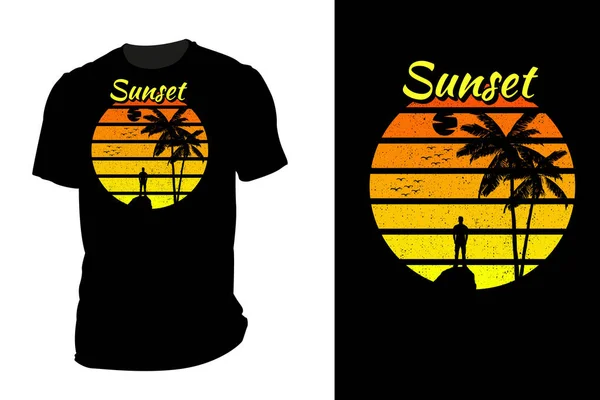 Sunset Silueta Camiseta Maqueta Retro Vintage — Vector de stock