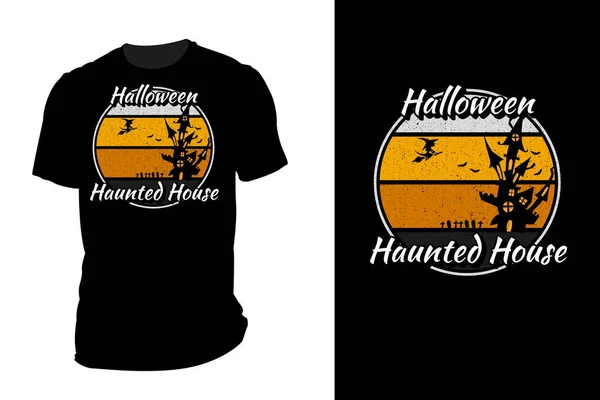 Halloween Casa Infestata Silhouette Shirt Mockup Vintage Retrò — Vettoriale Stock