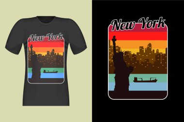 New York Özgürlük Kulesi Vintage Tişört Tasarımı İllüstrasyonu