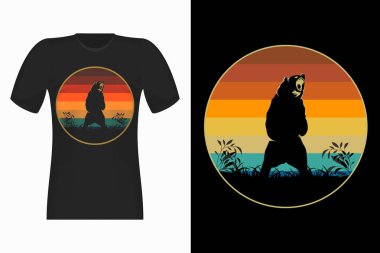 Ayı Saldırısı Siluet Biçimli Vintage Tişört Tasarımı Çizimi