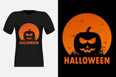 Balkabağı Silueti ile Cadılar Bayramı Vintage Retro Tişört Tasarımı