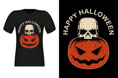 Balkabağı Kafatası Vintage Tişört Tasarımı ile Mutlu Cadılar Bayramı