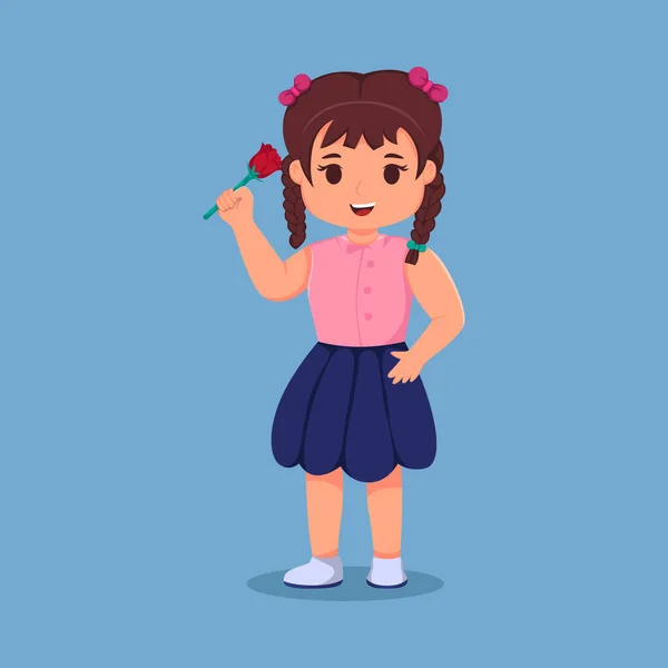 Cute Girl Gospodarstwa Postać Kreskówek Kwiat — Wektor stockowy