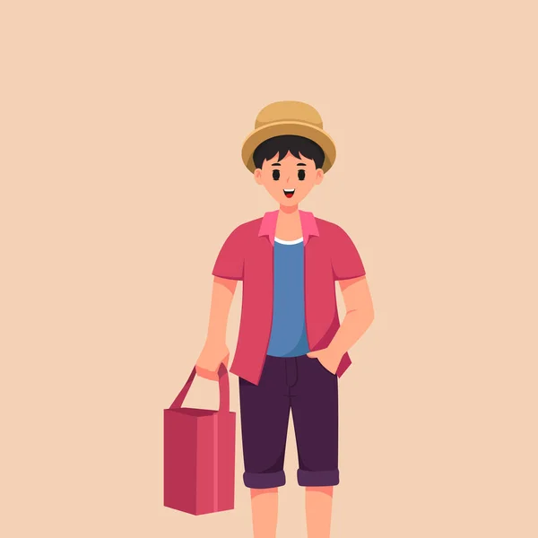 Guapo Turista Llevar Una Mochila Diseño Personajes Ilustración — Vector de stock