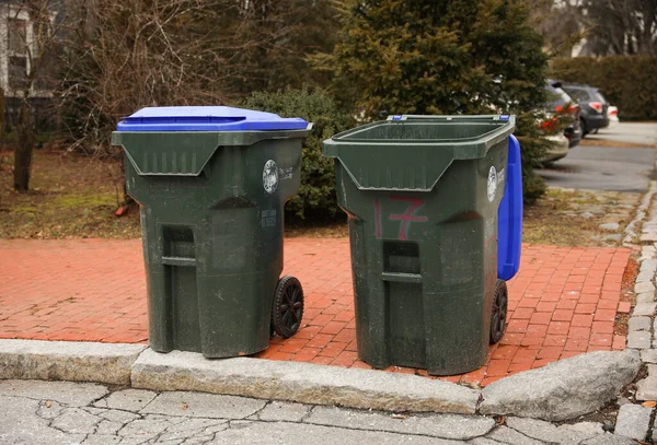 Eine Reihe Von Mülltonnen Auf Einer Straße — Stockfoto