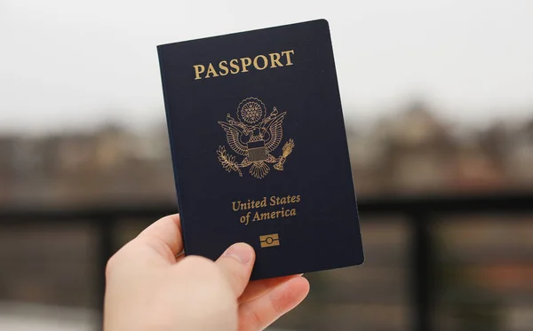 Hand Holding Passport Flag United States America — ストック写真