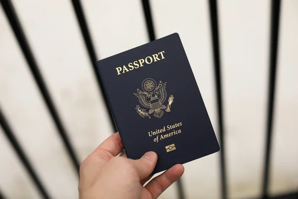 Hand Holding Passport Flag United States America — Stockfoto