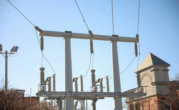 Yüksek Voltaj Kulesi Elektrik Direği Elektrik Santrali — Stok fotoğraf