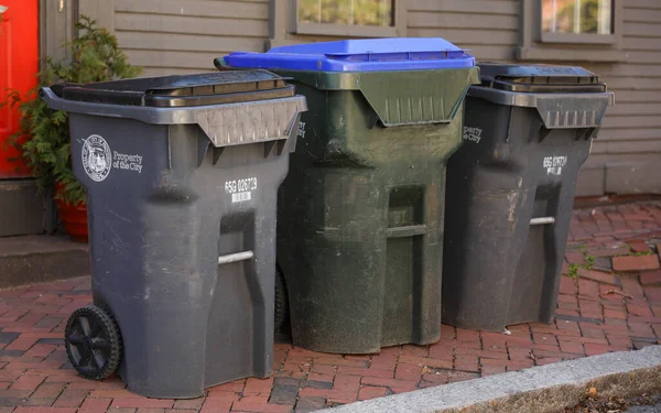 Überquellende Mülltonnen Neben Recyclingbehältern Symbolisieren Die Wichtigkeit Der Ordnungsgemäßen Abfallwirtschaft — Stockfoto