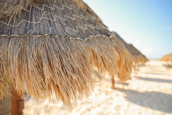 Пляжна Парасолька Сонячного Даху Березі Моря Символізує Релаксацію Тінь Захист — стокове фото