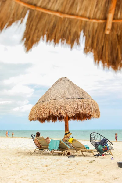 Ombrellone Palapa Vicino Alla Spiaggia Simboleggia Relax Ombra Protezione Rappresenta — Foto Stock