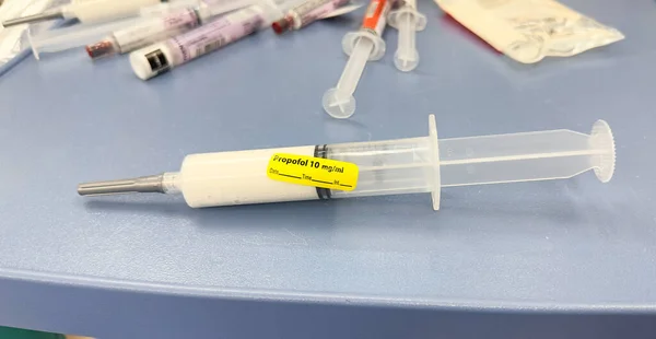 Hospital Syringe Drugs Anesthesia Propofol Fentanyl Have Both Positive Negative — Stock Photo, Image