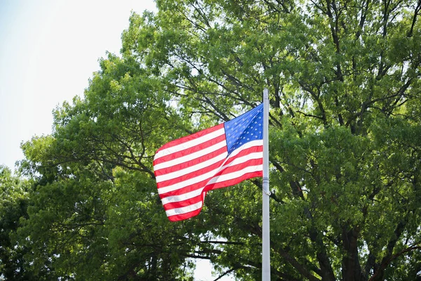 アメリカの家の前に誇らしげに飾られたアメリカの国旗は 愛国心 民族的アイデンティティ 祖国への愛を象徴しています それは団結 そして米国が建設された価値を表しています — ストック写真