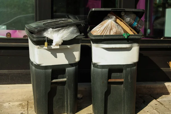 Lixeiras Simbolizam Gestão Resíduos Limpeza Eliminação Responsável Importância Manter Ambiente — Fotografia de Stock