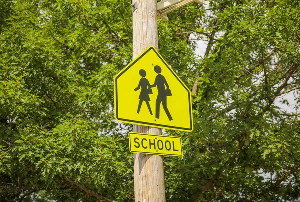 Яркий Желтый Знак Силуэтом Детей Пешеходов Символизирующий Осторожность Безопасность Важность — стоковое фото