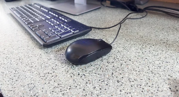 Computermaus Und Eine Maus Auf Einem Hölzernen Hintergrund — Stockfoto