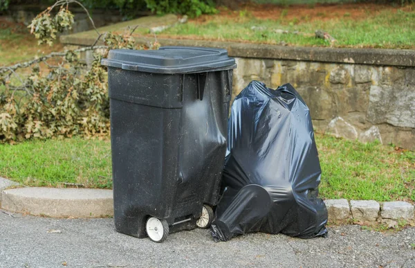 街上有两个装有黑色塑料瓶的黑色垃圾桶 秋天街上的垃圾箱 — 图库照片