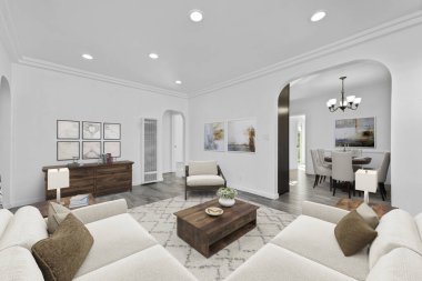 Modern oturma odasının içinde kanepe ve ahşap mobilyalar, 3D tasarım.