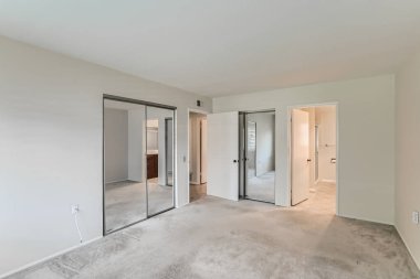 Boş yatak odası ve halı. İç dizayn. 3d oluşturma