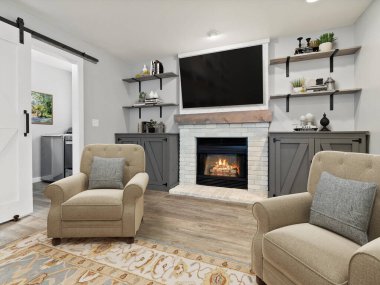 Sandalyeleri ve şöminesi olan modern oturma odası. 3d oluşturma