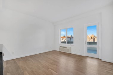 Penceresinde şehir manzarası olan boş bir oda. İç dizayn. 3d oluşturma