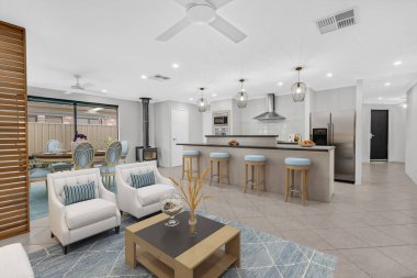 Modern oturma odasının içinde lüks mobilyalar, 3D tasarım