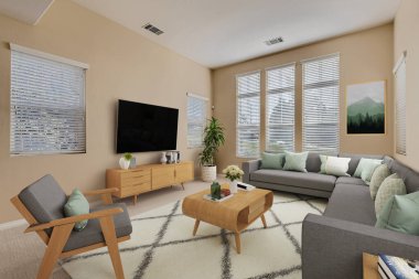 Modern oturma odasının içinde kanepe var. 3d oluşturma