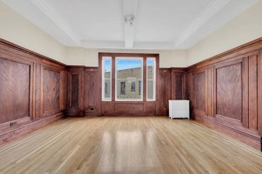 Ahşap duvarları olan boş bir oda. İç dizayn. 3d oluşturma 