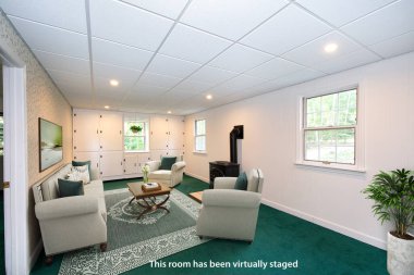 Modern oturma odasının içi, 3D tasarım.