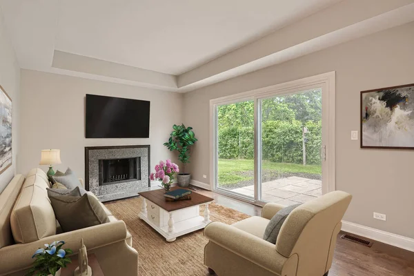 Kanepesi ve ahşap zemini olan oturma odasının içinde. 3d oluşturma