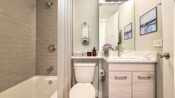 Beyaz Lavabosu Duşu Olan Modern Banyo — Stok fotoğraf