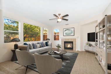 Modern oturma odasının içinde kanepe var. 3d oluşturma