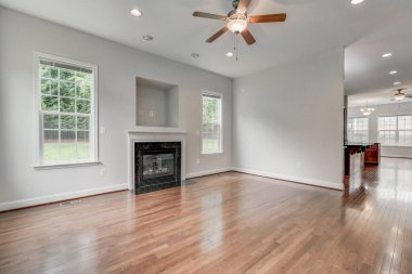 Şömineli boş oturma odası. İç dizayn. 3d oluşturma 