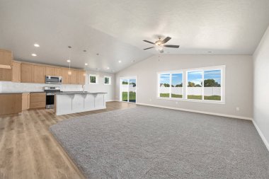 Mutfağı olan boş bir oda. İç dizayn. 3d oluşturma 