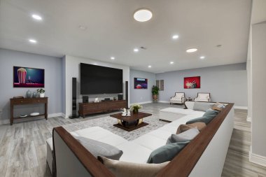 Kanepesi, sandalyeleri ve büyük televizyonu olan modern oturma odası, 3D tasarım.