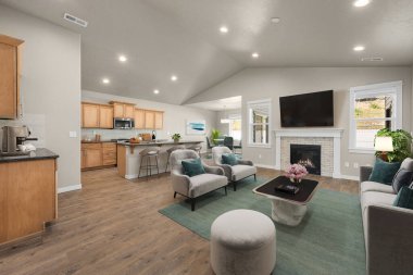 Kanepesi ve şöminesi olan modern oturma odası, 3 boyutlu tasarım.