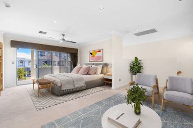 Rahat yatağı olan modern bir yatak odası. 3d oluşturma