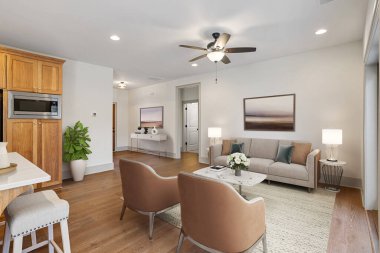 Kanepesi ve sandalyeleri olan modern oturma odası.