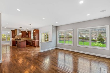 Mutfağı olan boş bir oturma odası. İç dizayn. 3d oluşturma 