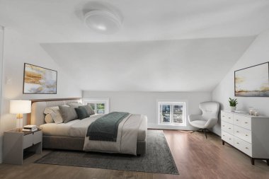 Modern bir yatak odası. 3d oluşturma 