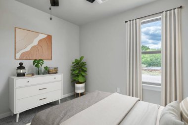 Rahat yatağı olan modern bir yatak odası. 3d oluşturma