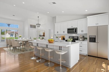 Modern mutfak iç mimarisi. 3B görüntüleme