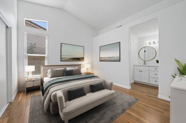 Modern bir yatak odası. 3d oluşturma 