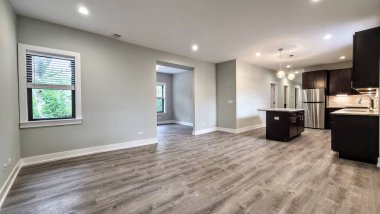 Modern mutfak iç mekanı olan boş bir oda. 3d oluşturma 