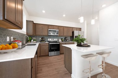 Modern mutfak iç mimarisi. 3B görüntüleme