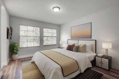 Modern yatak odasının içinde beyaz duvarlar, 3 boyutlu tasarım.